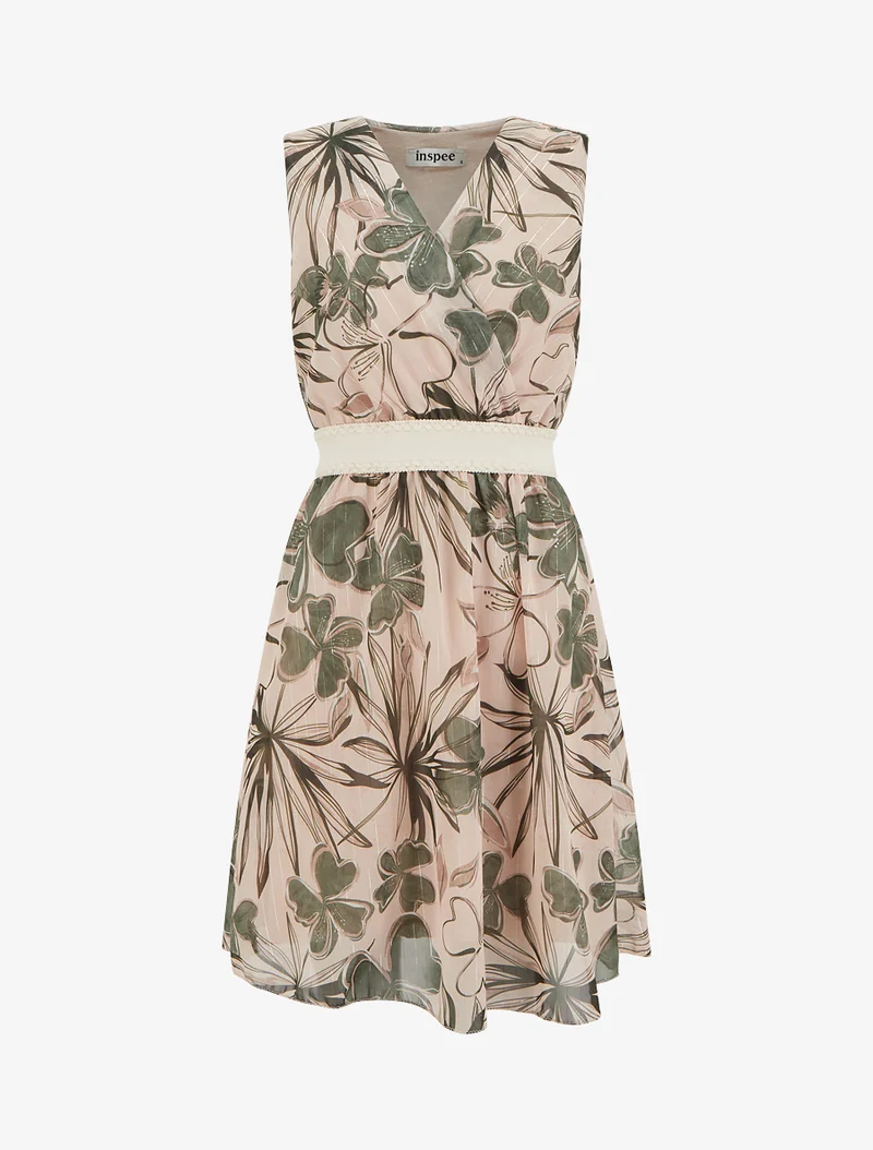 Ärmelloses Skaterkleid mit Blumenmuster - Kaki