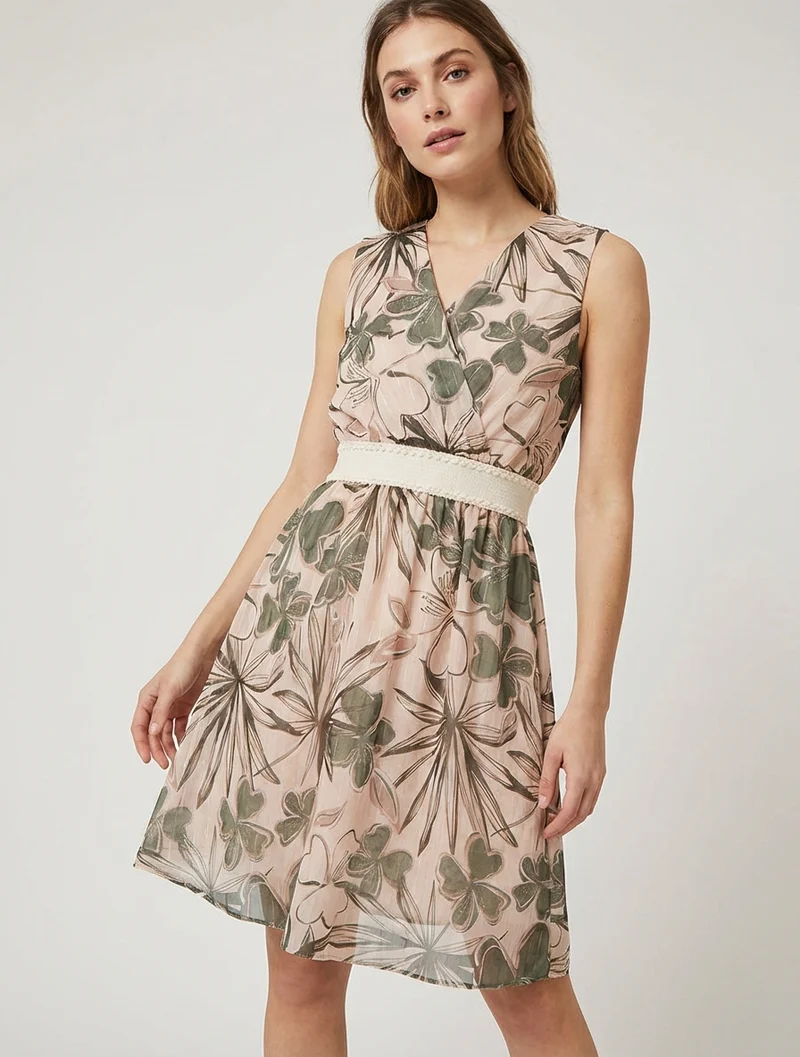 Ärmelloses Skaterkleid mit Blumenmuster - Kaki