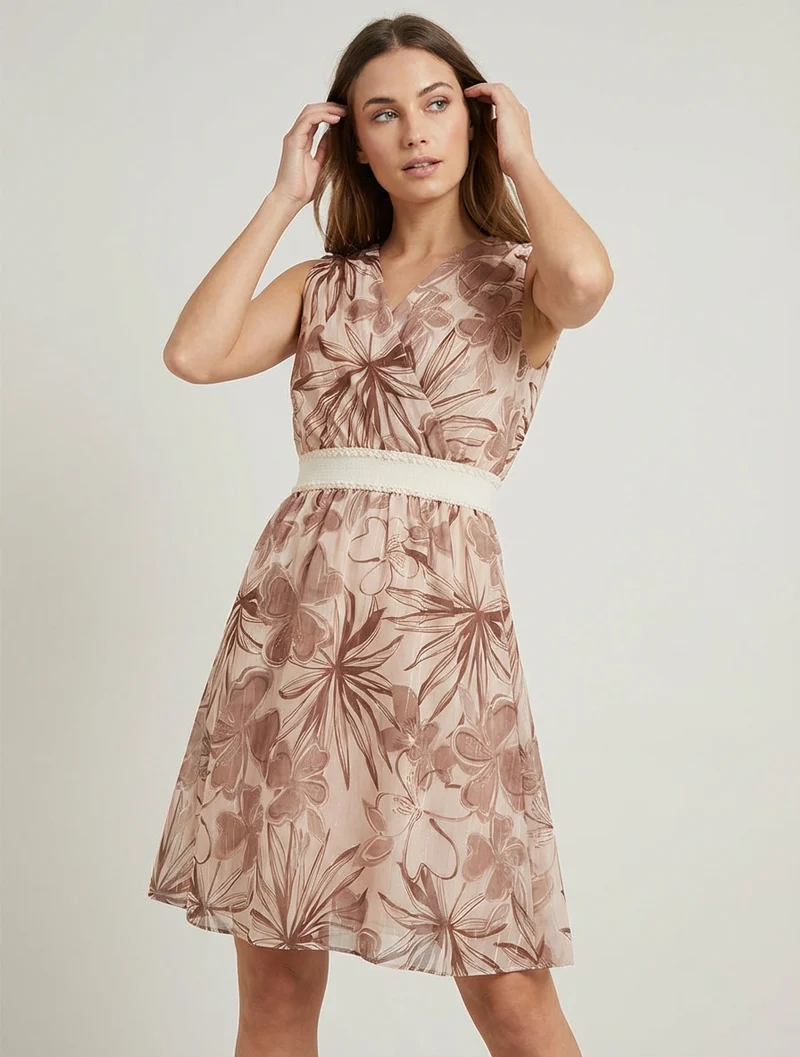 Ärmelloses Skaterkleid mit Blumenmuster - Braun