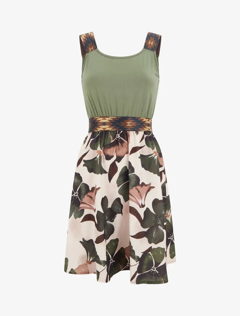 Kleid mit fantasievollem elastischem Bund und Blumenmuster. - Kaki