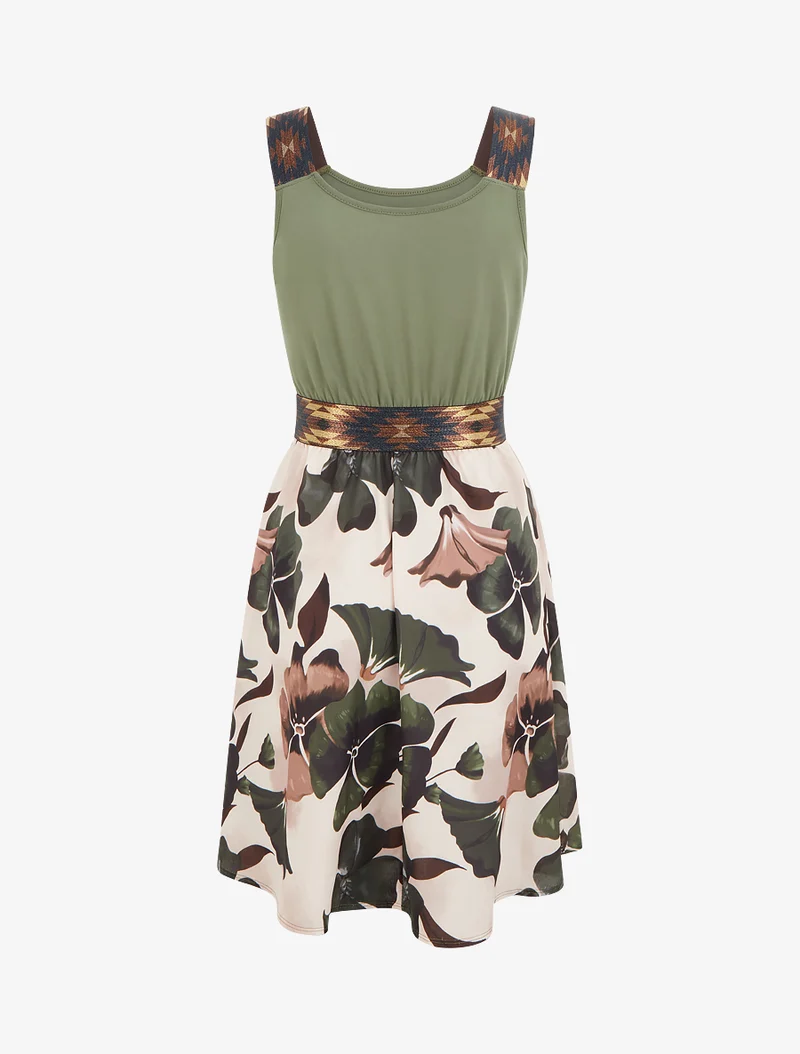 Kleid mit fantasievollem elastischem Bund und Blumenmuster. - Kaki
