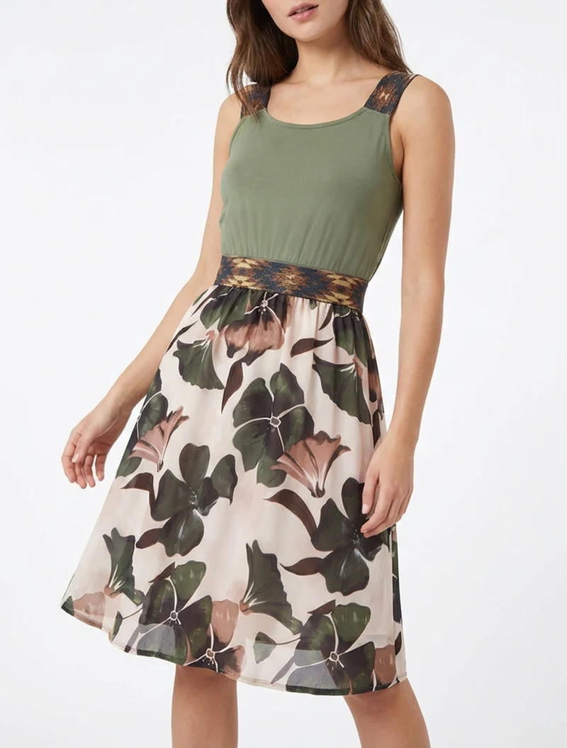 Kleid mit fantasievollem elastischem Bund und Blumenmuster. - Kaki
