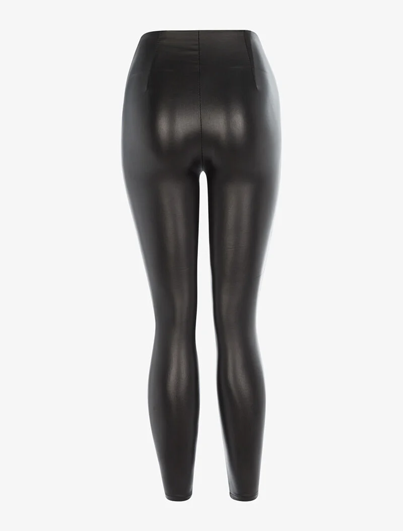 Beschichtete Leggings mit Ziernähten - schwarz