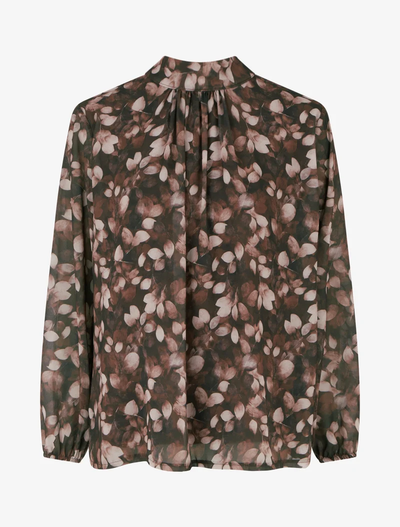 Fließende Bluse mit Blätterdruck und Bindebändern - Braun