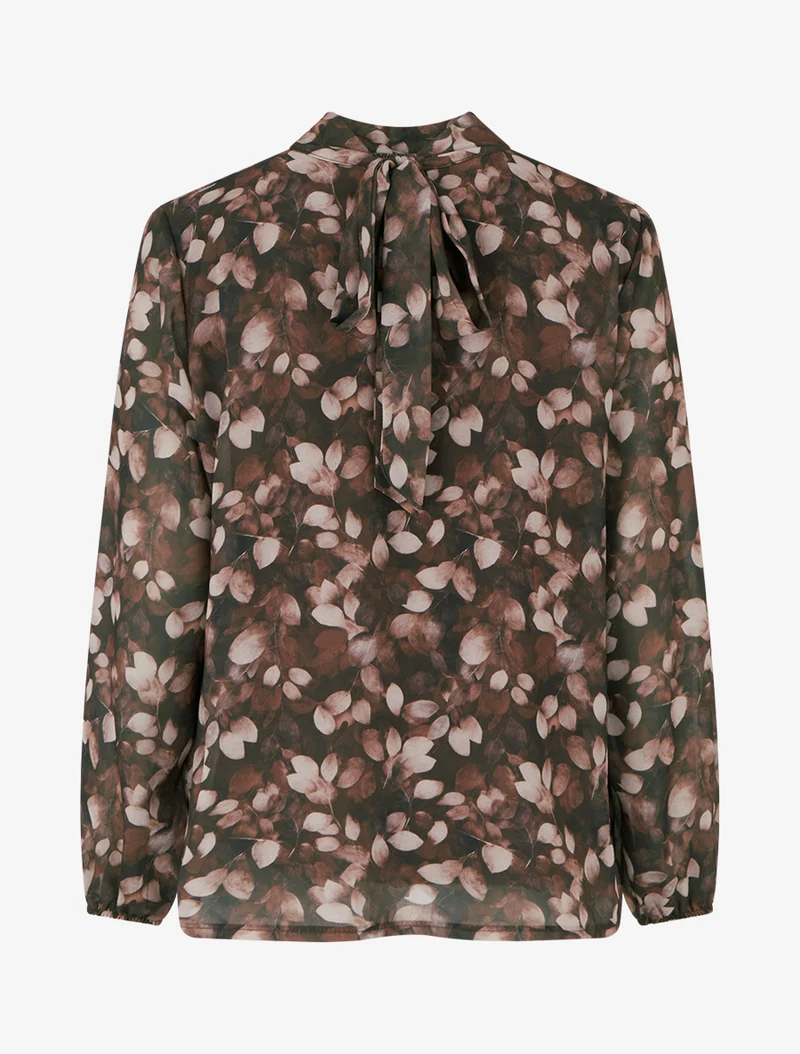 Fließende Bluse mit Blätterdruck und Bindebändern - Braun