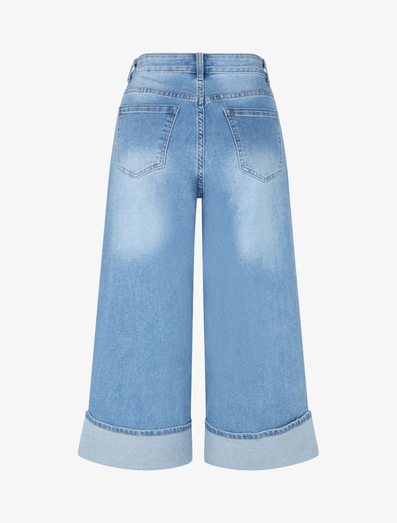 Weite Bermuda mit Umschlag - Blau