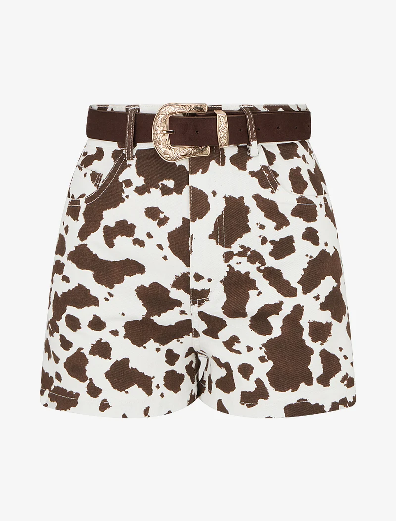 Kurz geschnittener High-Waist-Shorts mit Kuhmuster - Schokolade
