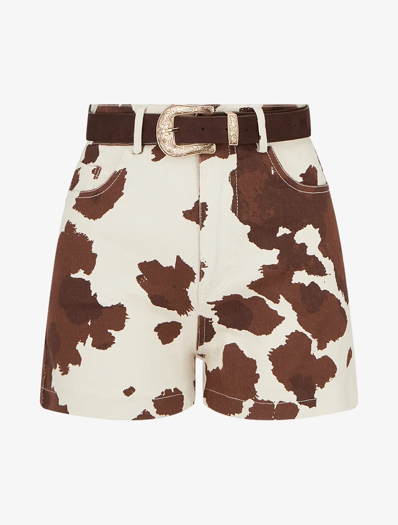 Kurz geschnittener High-Waist-Shorts mit Kuhmuster - Beige
