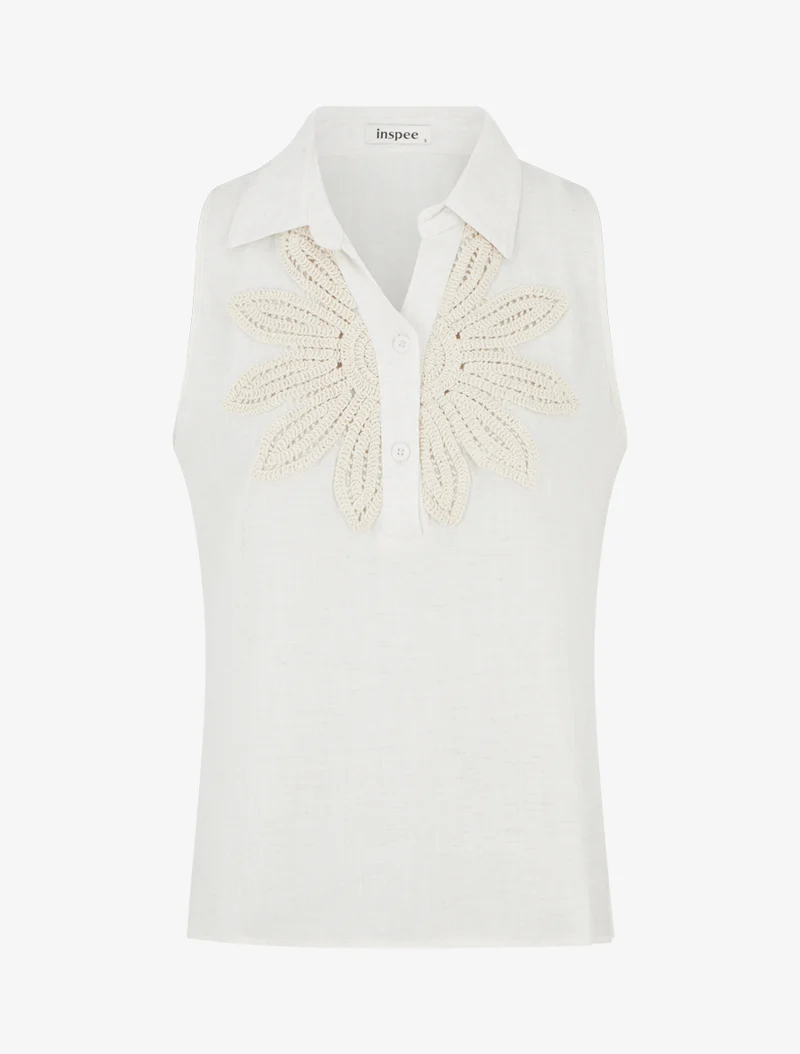 Ärmellose Bluse mit Blumenstickerei - Ecru