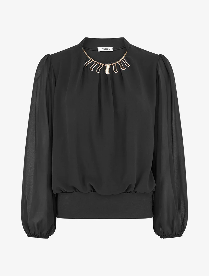 Einfarbige Bluse aus Voile mit Krageneinsatz - Schwarz