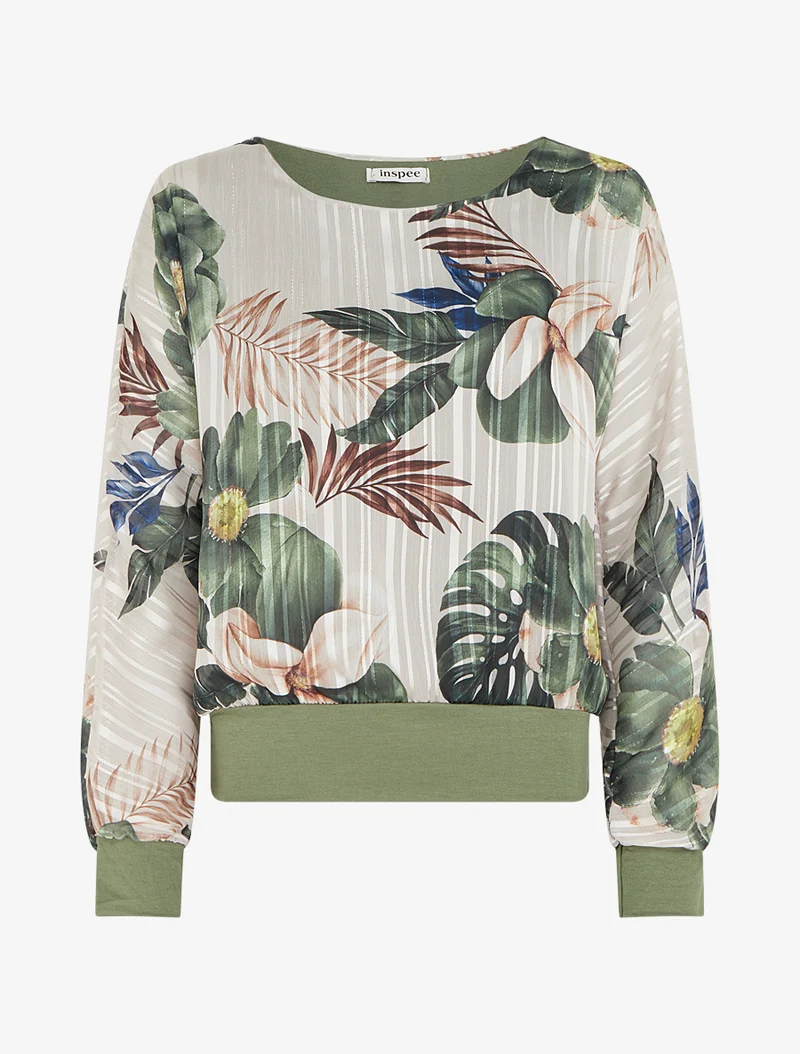 Bluse aus bedrucktem Voile mit Blattmotiv und schimmerndem Detail - Kaki