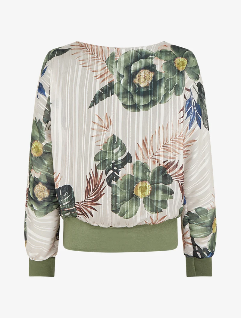 Bluse aus bedrucktem Voile mit Blattmotiv und schimmerndem Detail - Kaki