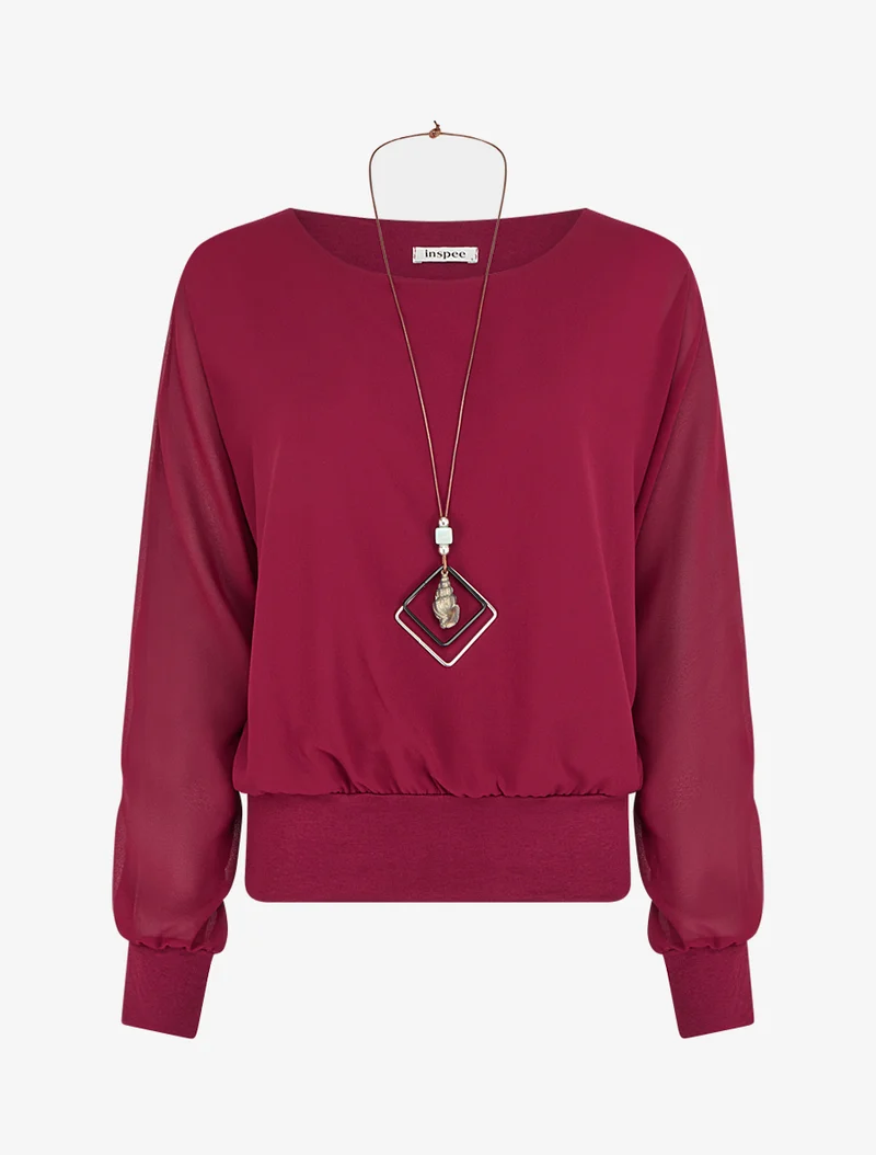 Uni Bluse aus Voile mit langen Ärmeln - Weinrot