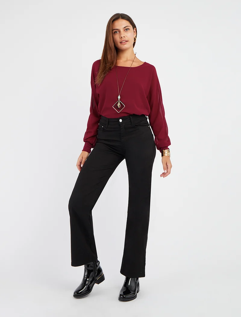 Uni Bluse aus Voile mit langen Ärmeln - Weinrot