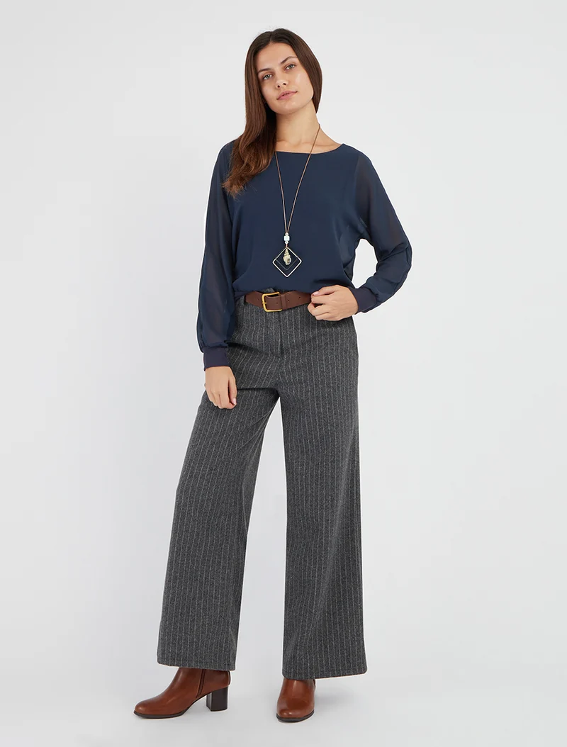 Uni Bluse aus Voile mit langen Ärmeln - Marine