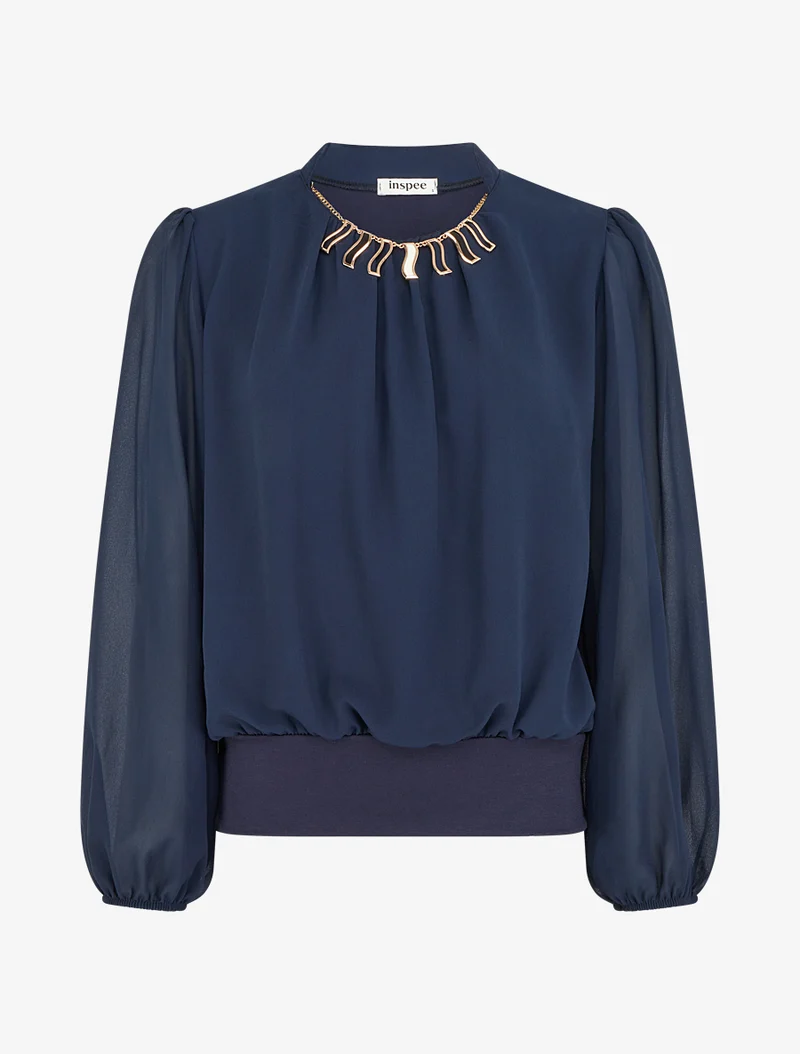 Einfarbige Bluse aus Voile mit Krageneinsatz - Marine