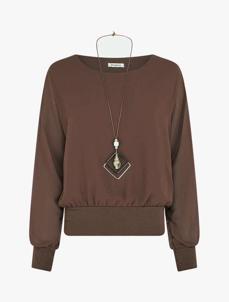 Uni Bluse aus Voile mit langen Ärmeln - Braun