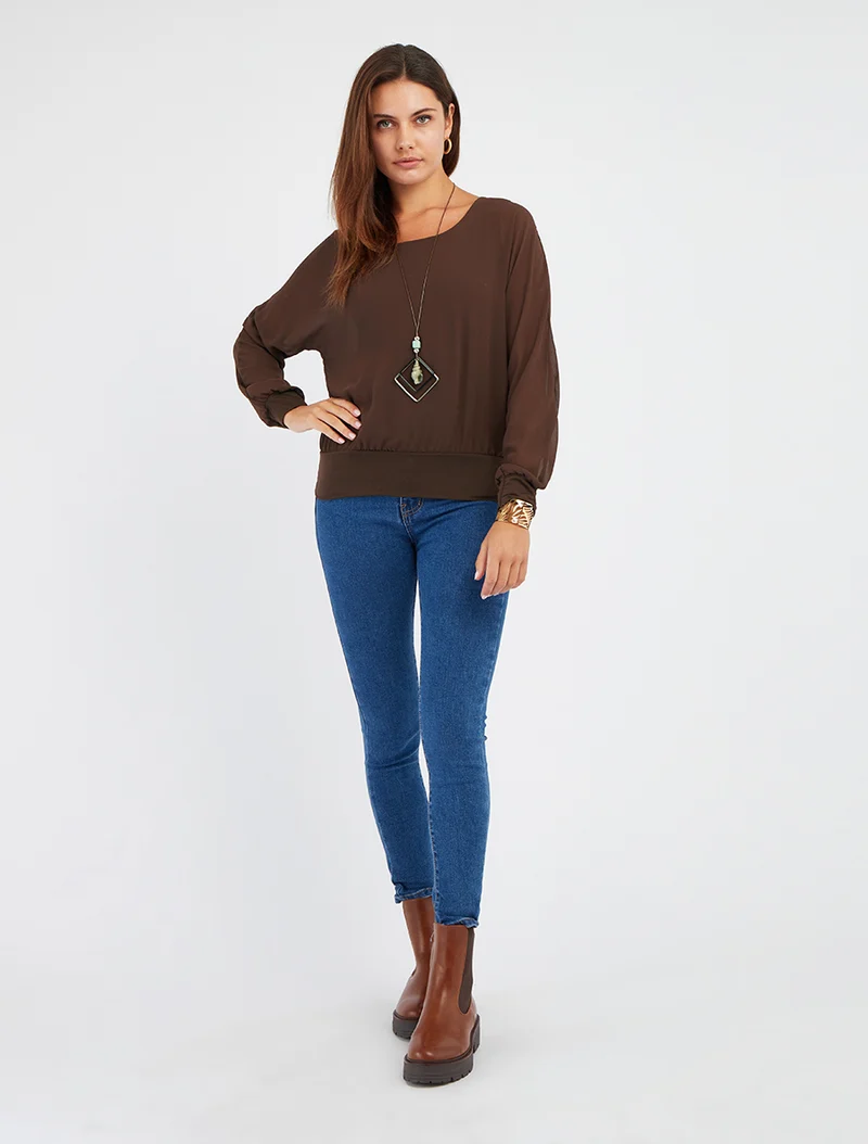 Uni Bluse aus Voile mit langen Ärmeln - Braun
