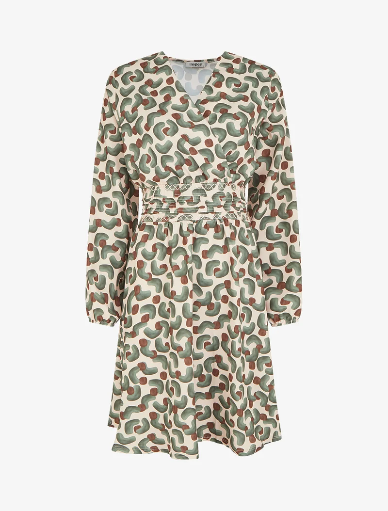 Kleid mit abstraktem Druck und Wickelausschnitt - Kaki