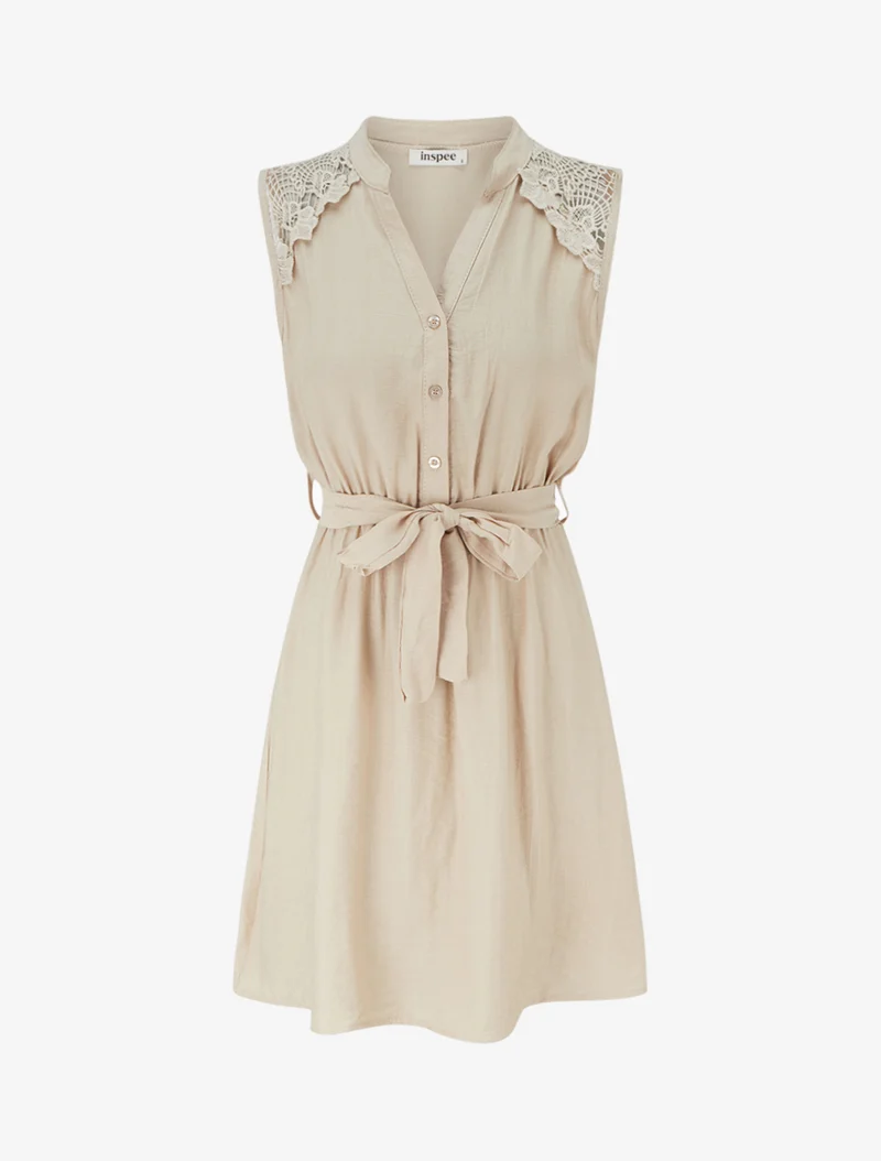 Ärmelloses, knielanges, geknöpftes Kleid - Beige