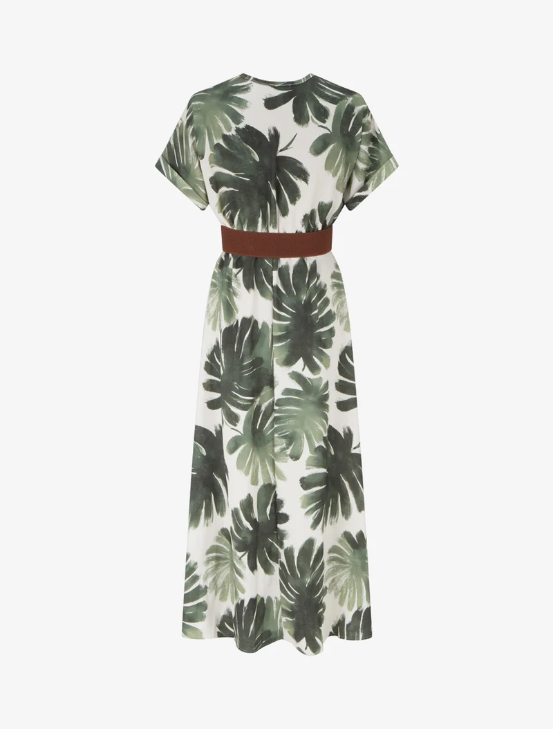 Langes Kleid mit kurzen Ärmeln und Blätterdruck - Kaki
