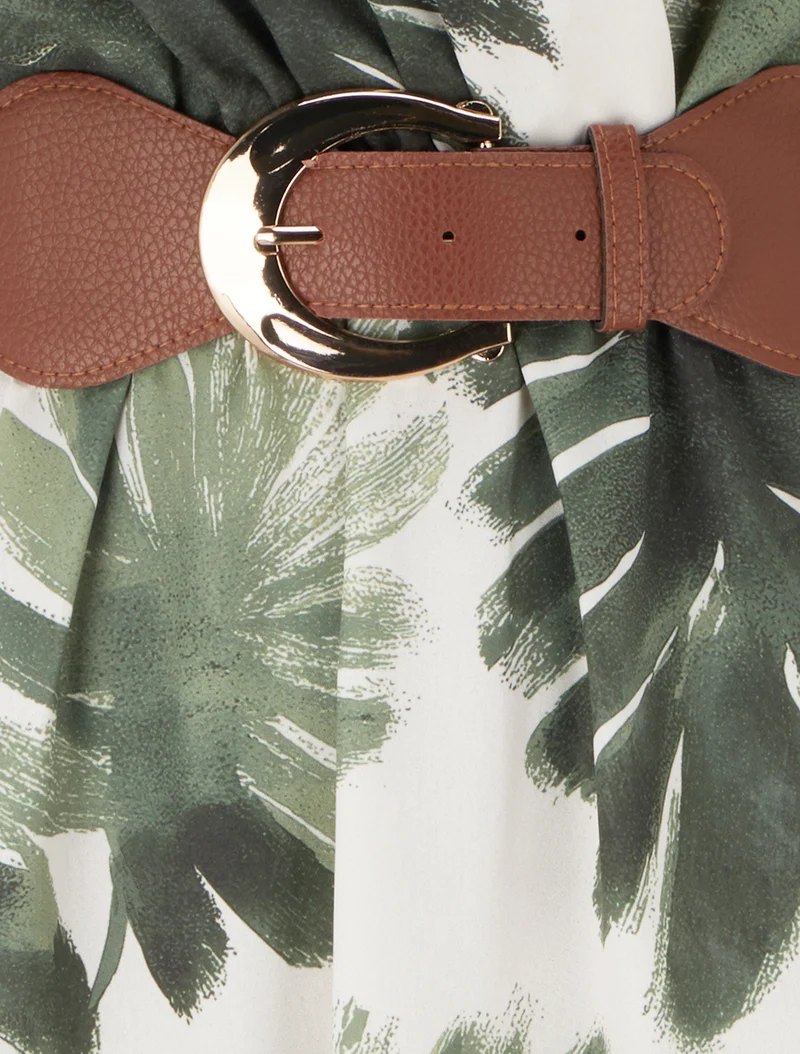 Langes Kleid mit kurzen Ärmeln und Blätterdruck - Kaki