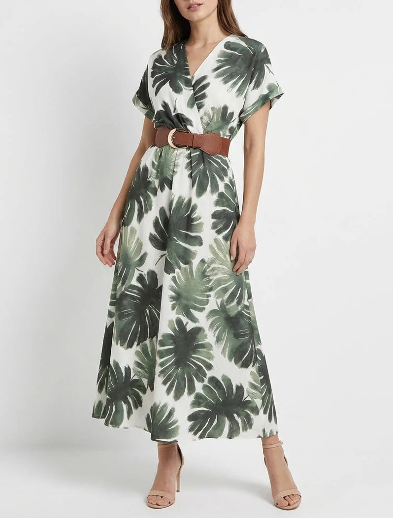 Langes Kleid mit kurzen Ärmeln und Blätterdruck - Kaki