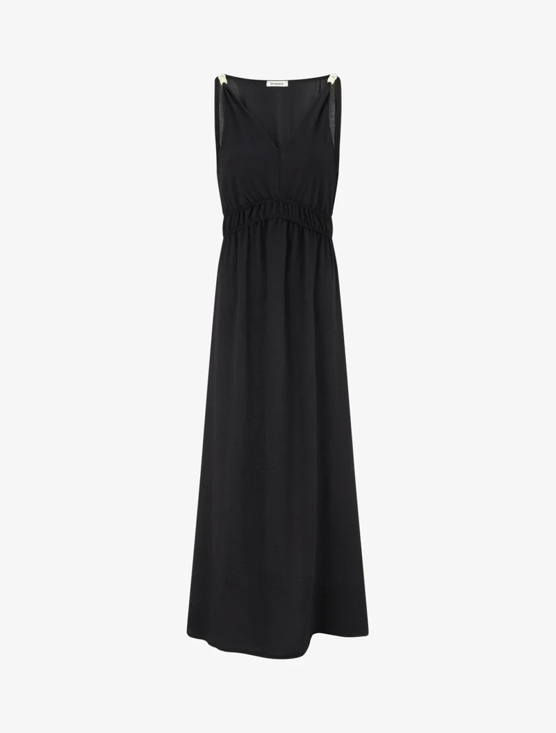 Langes ausgestelltes Kleid mit Perlenriemen - Schwarz