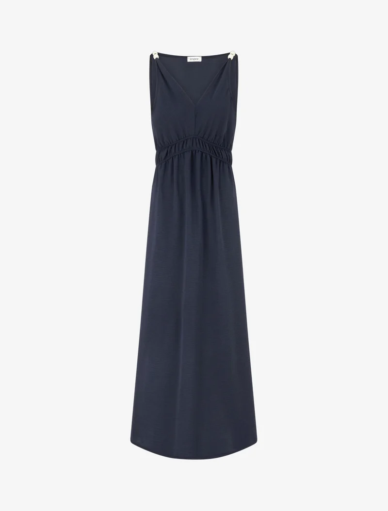 Langes ausgestelltes Kleid mit Perlenriemen - Marine
