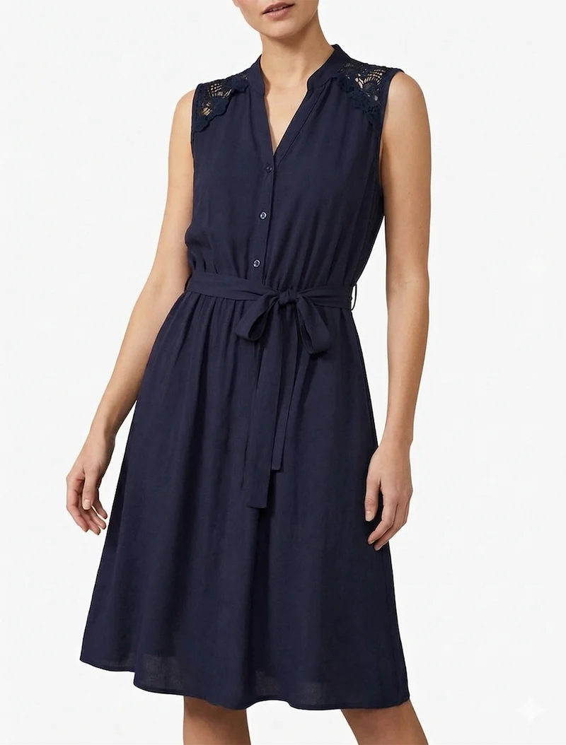 Ärmelloses, knielanges, geknöpftes Kleid - Marine