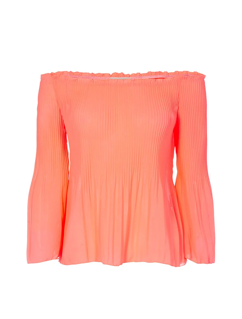 Schulterfreies Plissee-Top - Neonorange