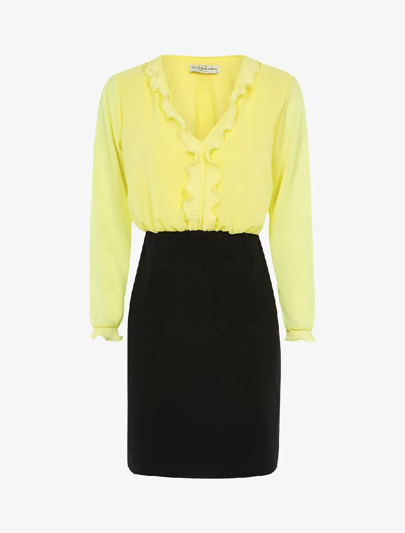 Kleid mit Rüschenoberteil - Neongelb/Schwarz