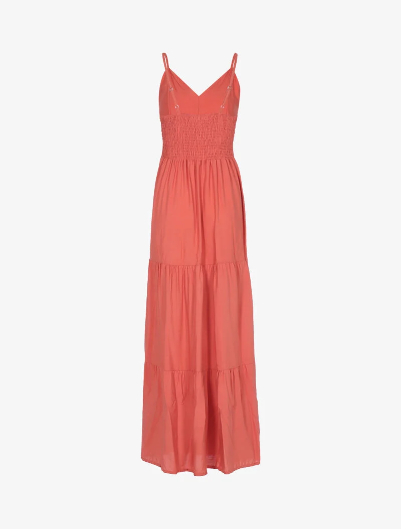 Langes Baumwollkleid mit V-Ausschnitt - Koralle