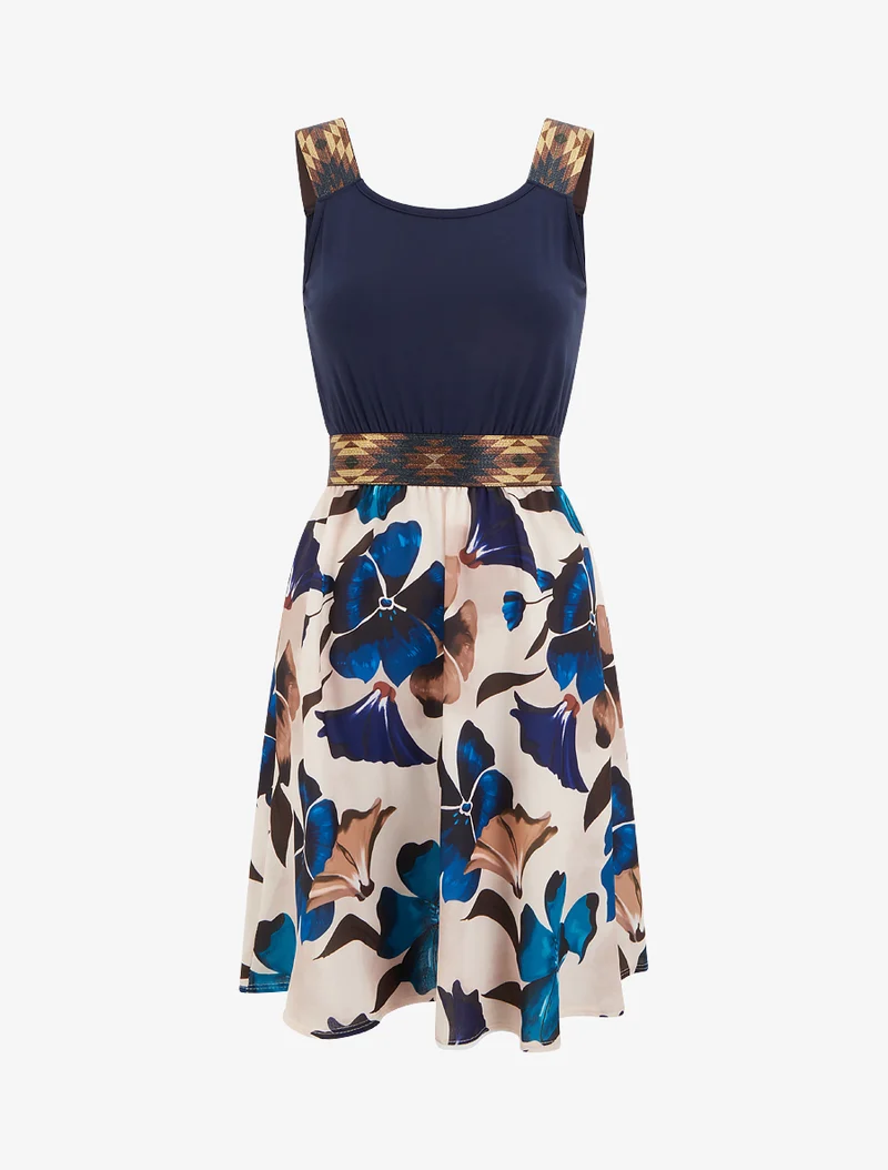 Kleid mit fantasievollem elastischem Bund und Blumenmuster. - Marine