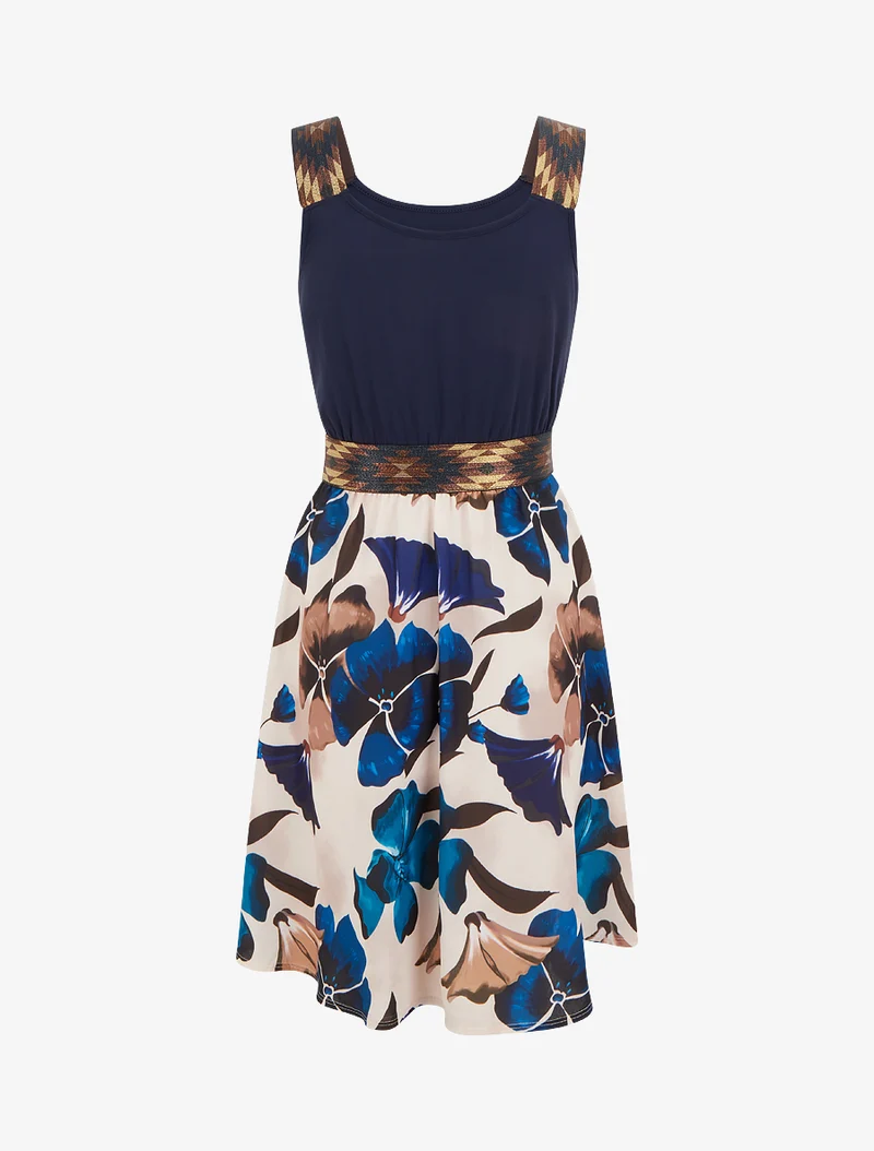 Kleid mit fantasievollem elastischem Bund und Blumenmuster. - Marine