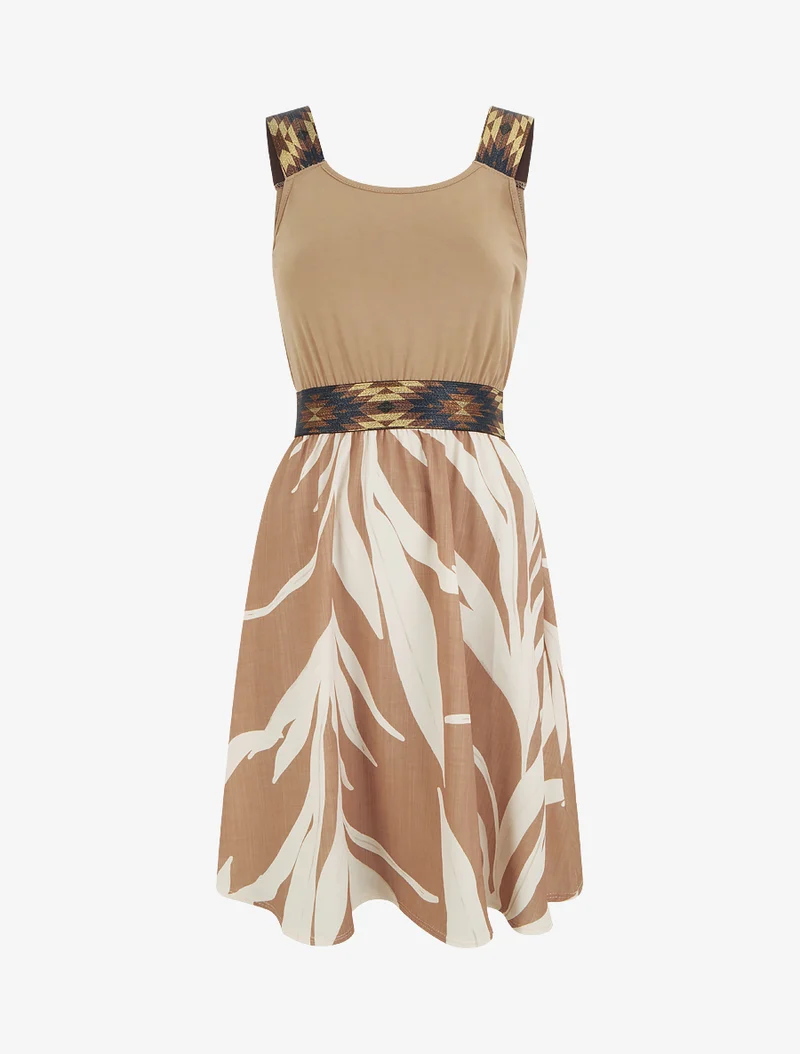 Grafisches Printkleid mit elastischer, dekorativer Taille - Kamel