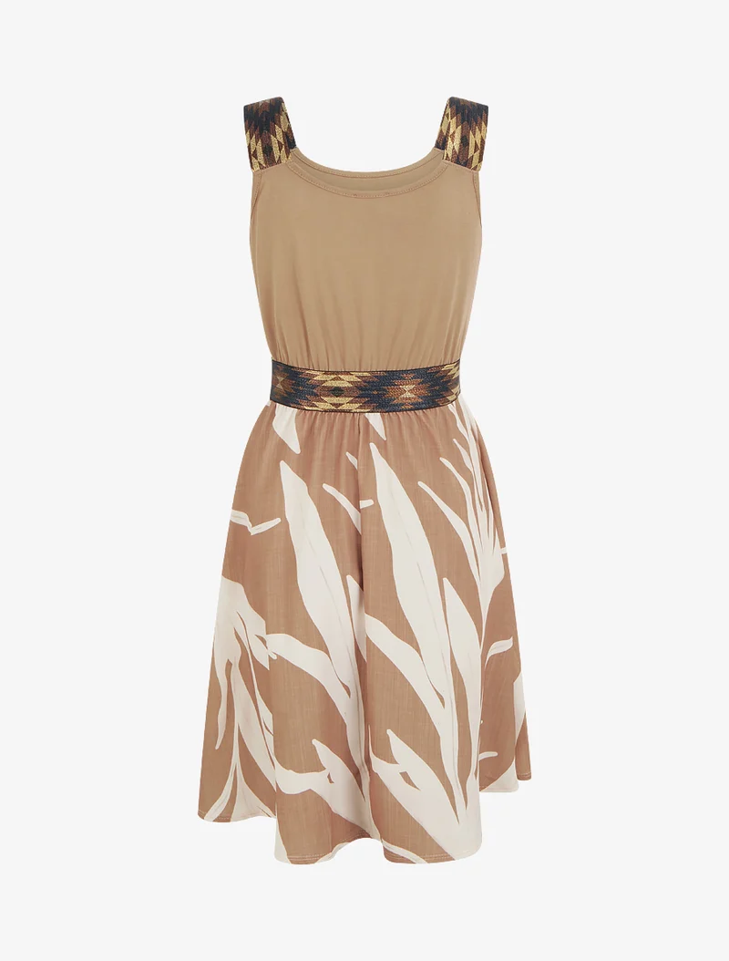 Grafisches Printkleid mit elastischer, dekorativer Taille - Kamel