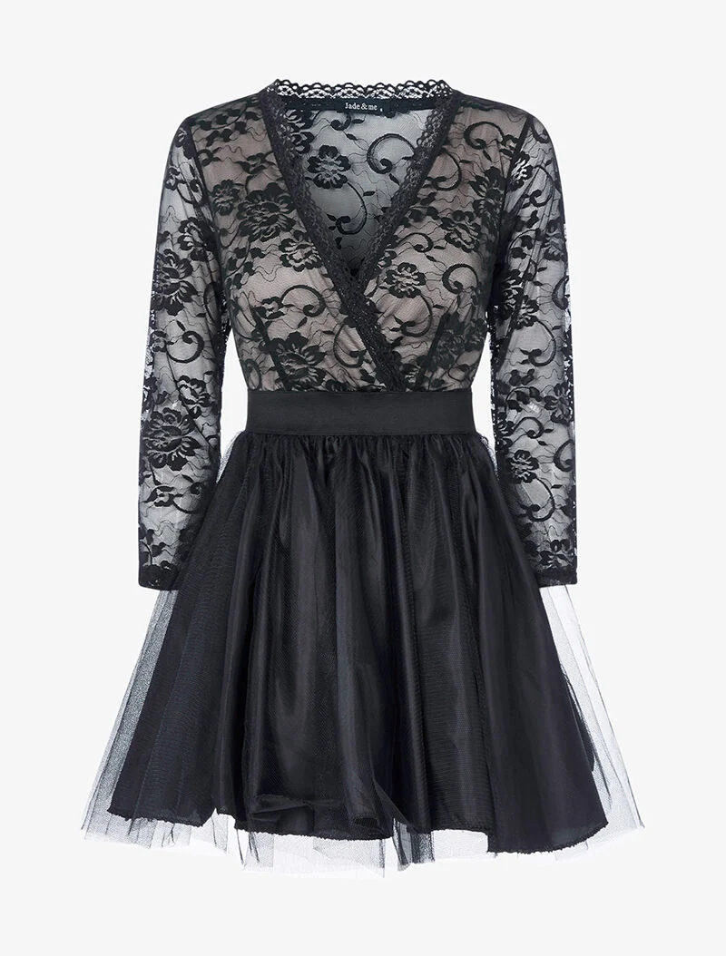Abendkleid mit bauschigem Rock und Spitzenoberteil - Rosa/Schwarz