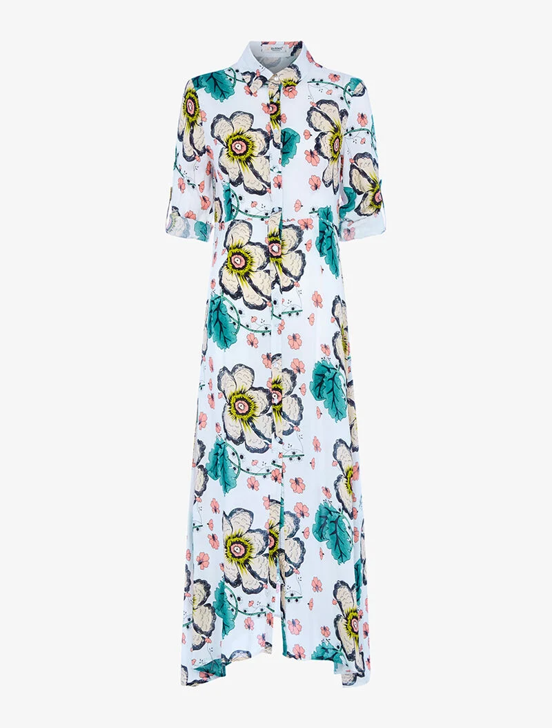 Tailliertes langes Kleid mit großem Blumenmuster - Ecru