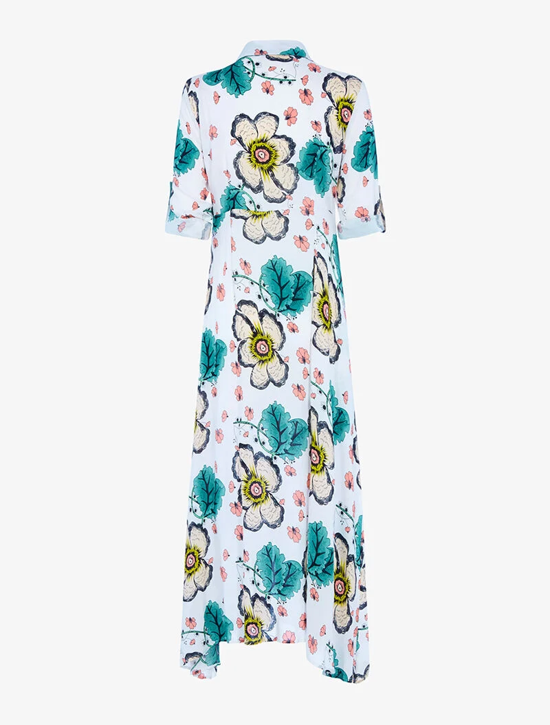 Tailliertes langes Kleid mit großem Blumenmuster - Ecru