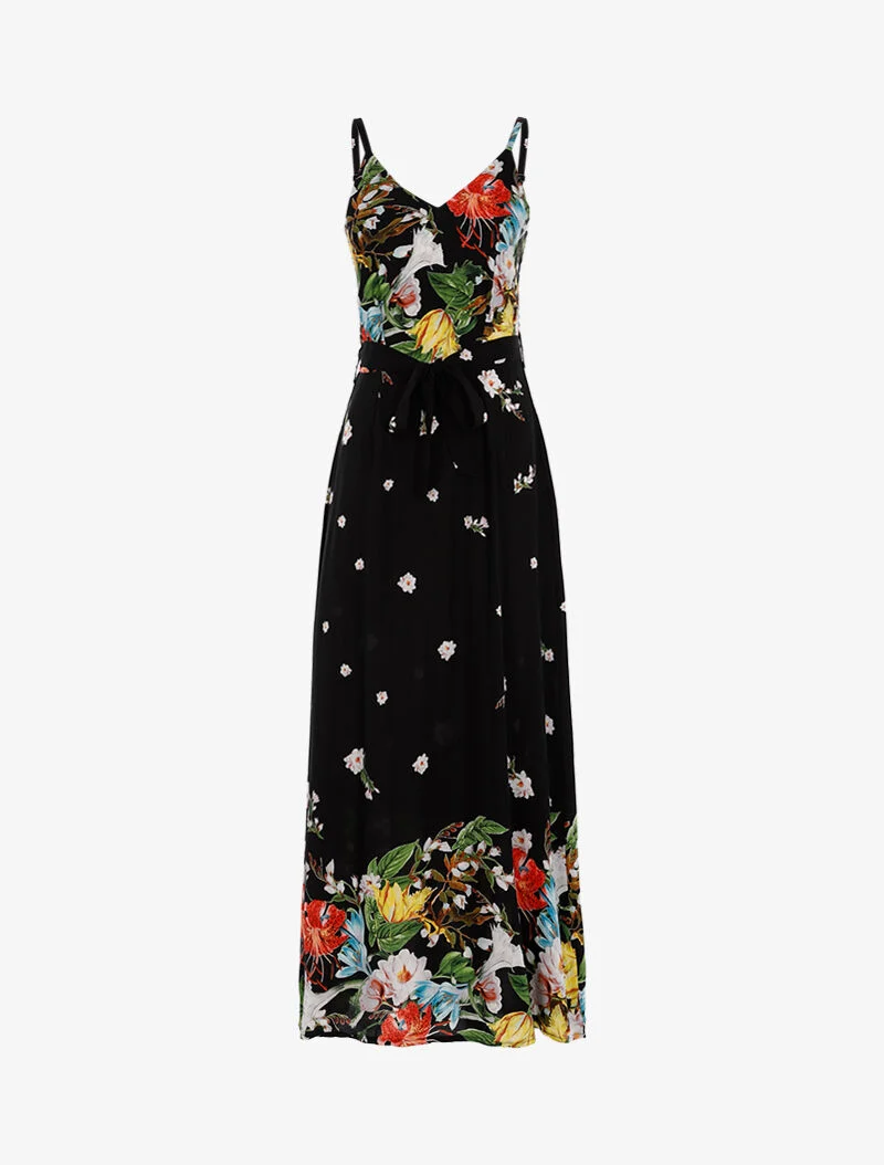 Langes Kleid mit Blumenmuster - schwarz