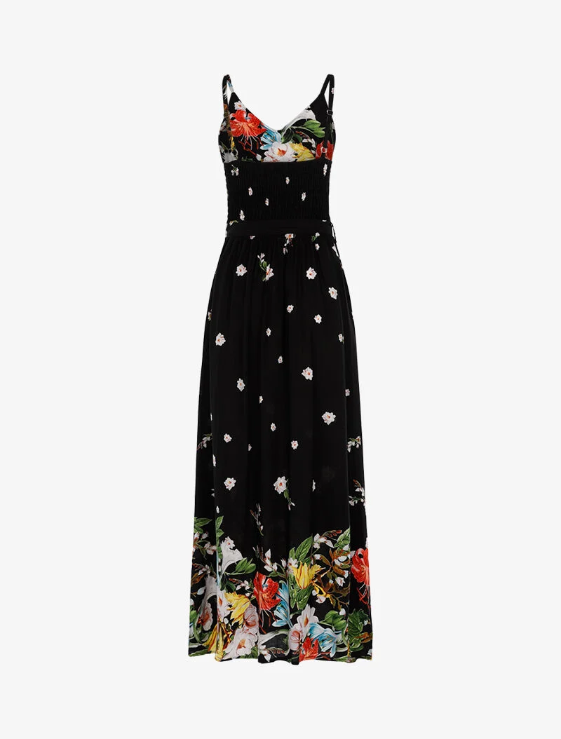 Langes Kleid mit Blumenmuster - schwarz