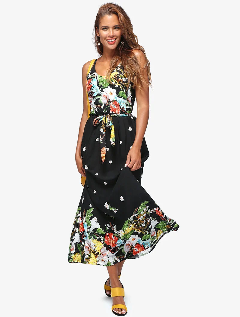Langes Kleid mit Blumenmuster - schwarz