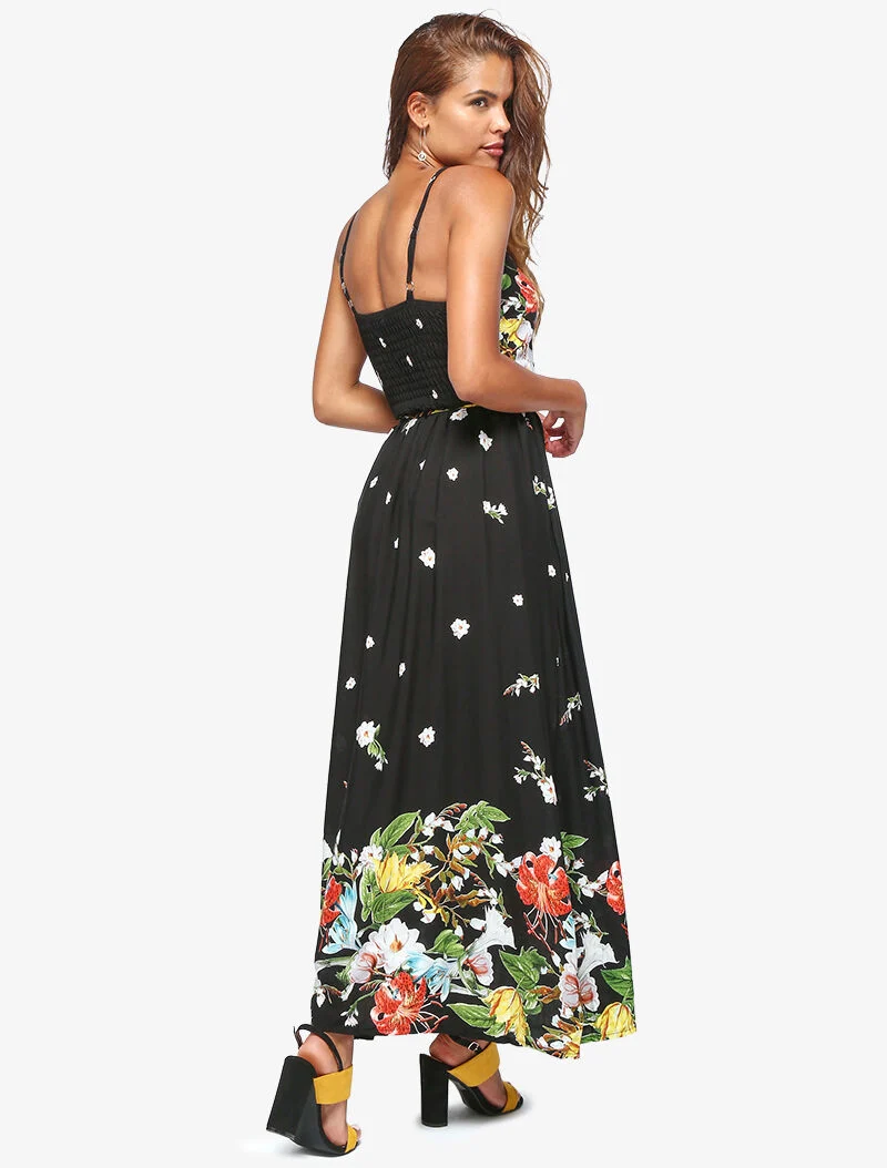 Langes Kleid mit Blumenmuster - schwarz