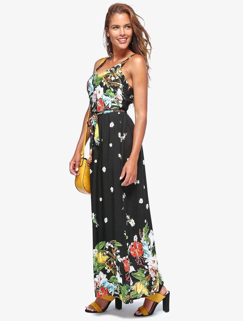 Langes Kleid mit Blumenmuster - schwarz