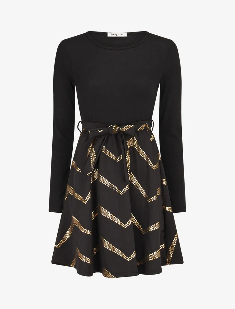 Skaterkleid mit goldenen Drucken - Schwarz