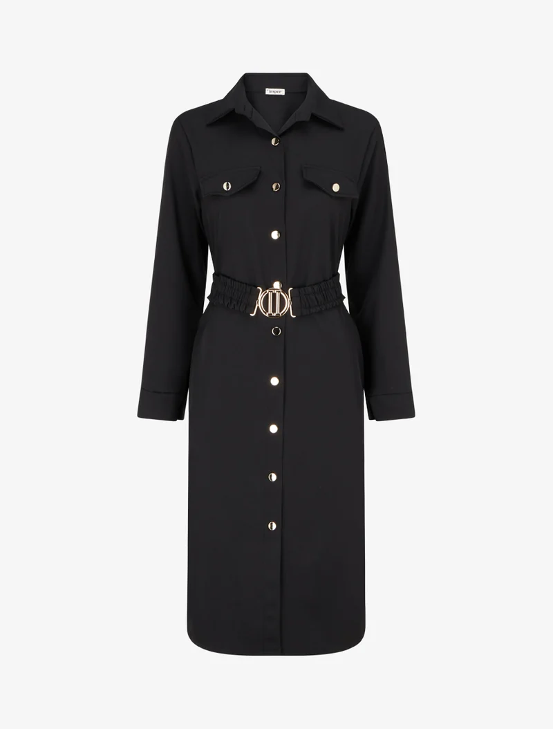 Langes Hemdkleid mit dekorativen Taschen - Schwarz