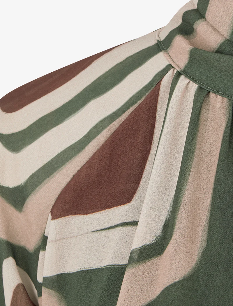 Bluse aus Retro-Voile mit Druck zum Binden - Kaki