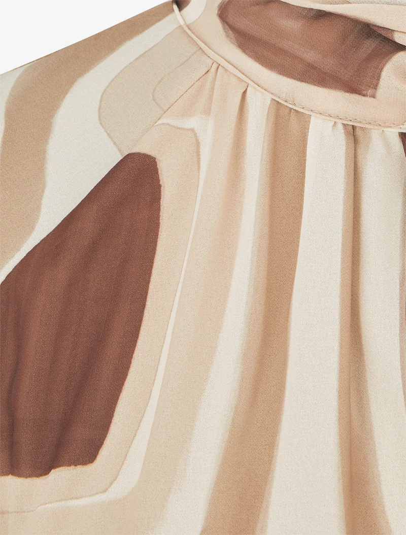 Bluse aus Retro-Voile mit Druck zum Binden - Beige