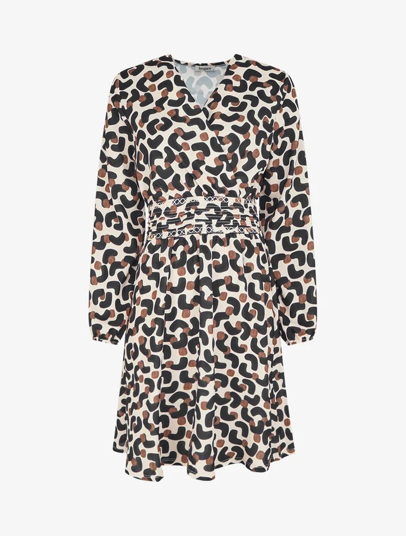 Kleid mit abstraktem Druck und Wickelausschnitt - Schwarz